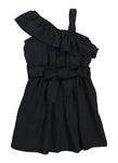 Toddler One Shoulder Sleeveless Belted Fitted Tie Waist Waistline Fit-and-Flare Skater Dress/Midi Dress With Ruffles