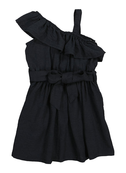Toddler Fit-and-Flare Tie Waist Waistline One Shoulder Sleeveless Belted Fitted Skater Dress/Midi Dress With Ruffles