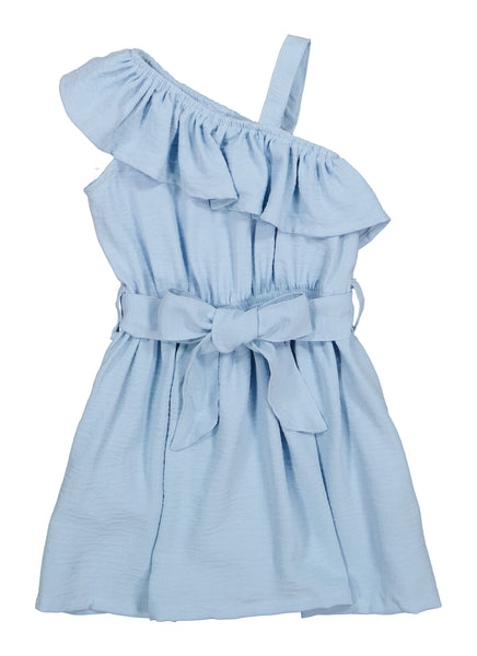 Toddler One Shoulder Sleeveless Fit-and-Flare Tie Waist Waistline Belted Fitted Skater Dress/Midi Dress With Ruffles