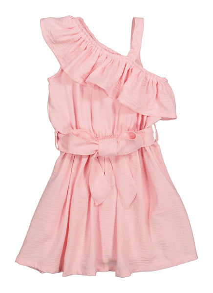 Toddler Tie Waist Waistline Fit-and-Flare One Shoulder Sleeveless Fitted Belted Skater Dress/Midi Dress With Ruffles