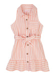 Toddler Collared Button Front Belted Tie Waist Waistline Striped Print Sleeveless Shirt Midi Dress