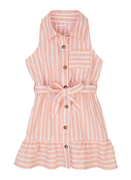 Toddler Sleeveless Striped Print Collared Tie Waist Waistline Belted Button Front Shirt Midi Dress