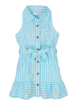 Toddler Tie Waist Waistline Striped Print Button Front Belted Collared Sleeveless Shirt Midi Dress