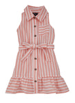 Toddler Collared Sleeveless Striped Print Poplin Belted Button Front Tie Waist Waistline Shirt Midi Dress With Ruffles
