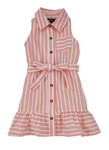 Toddler Poplin Belted Button Front Collared Striped Print Tie Waist Waistline Sleeveless Shirt Midi Dress With Ruffles