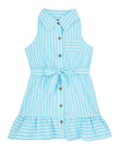 Toddler Collared Belted Button Front Tie Waist Waistline Sleeveless Striped Print Poplin Shirt Midi Dress With Ruffles