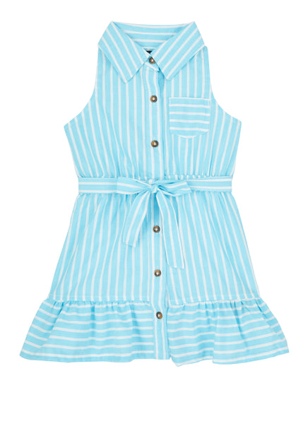 Toddler Poplin Sleeveless Button Front Belted Striped Print Tie Waist Waistline Collared Shirt Midi Dress With Ruffles