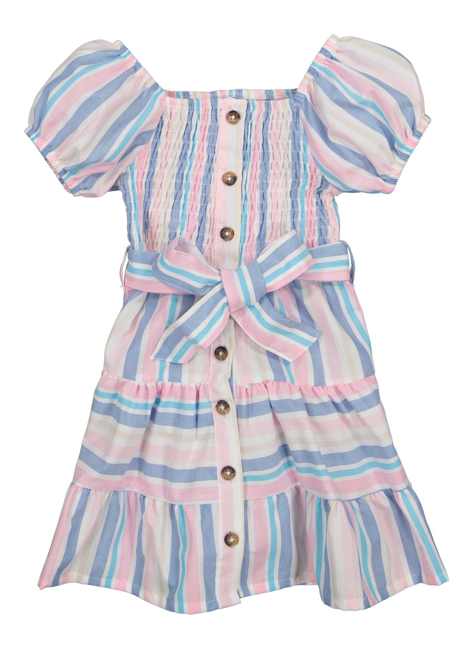 Toddler Girls Puff Sleeve Smocked Tie Waist Dress, Multi, Size 2T