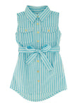 Toddler Striped Print Sleeveless Belted Collared Tie Waist Waistline Shirt Midi Dress