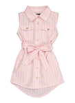 Toddler Striped Print Tie Waist Waistline Collared Sleeveless Belted Shirt Midi Dress