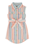 Toddler Collared Striped Print Belted Tie Waist Waistline Sleeveless Shirt Midi Dress