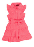 Toddler Tie Waist Waistline Collared Belted Tiered Cap Sleeves Shirt Midi Dress With Ruffles