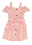 Toddler Belted Button Front Tie Waist Waistline Cold Shoulder Sleeves Sleeveless Shirt Midi Dress