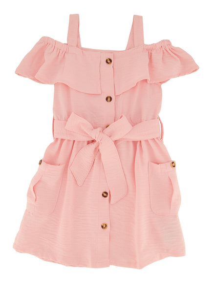 Toddler Tie Waist Waistline Button Front Belted Cold Shoulder Sleeves Sleeveless Shirt Midi Dress