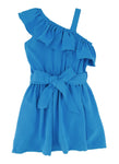 Toddler Fitted Belted Tie Waist Waistline Knit One Shoulder Sleeveless Fit-and-Flare Skater Dress/Midi Dress With Ruffles