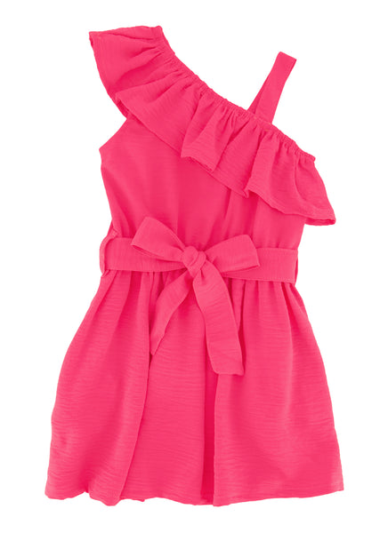 Toddler Knit One Shoulder Sleeveless Tie Waist Waistline Belted Fitted Fit-and-Flare Skater Dress/Midi Dress With Ruffles