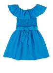 Toddler Tie Waist Waistline Smocked Fit-and-Flare Off the Shoulder Sleeveless Fitted Belted Skater Dress/Midi Dress