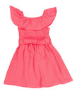 Toddler Smocked Off the Shoulder Sleeveless Fit-and-Flare Fitted Belted Tie Waist Waistline Skater Dress/Midi Dress