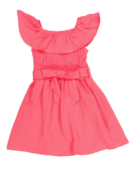 Toddler Off the Shoulder Sleeveless Tie Waist Waistline Belted Fitted Smocked Fit-and-Flare Skater Dress/Midi Dress