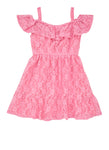 Toddler Lace Fit-and-Flare Cold Shoulder Sleeves Sleeveless Floral Print Fitted Skater Dress/Midi Dress With Ruffles