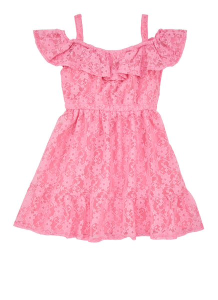 Toddler Fit-and-Flare Cold Shoulder Sleeves Sleeveless Floral Print Lace Fitted Skater Dress/Midi Dress With Ruffles
