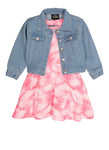 Toddler Tie Dye Print Crew Neck Denim Fitted Fit-and-Flare Cap Flutter Sleeves Skater Dress/Midi Dress