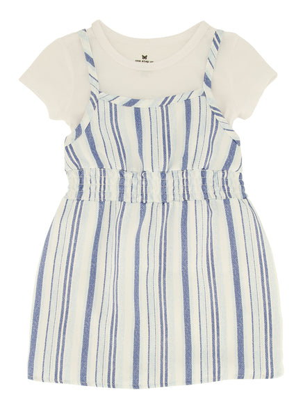 Toddler Knit Smocked Square Neck Striped Print Short Sleeves Sleeves Sleeveless Spaghetti Strap Midi Dress