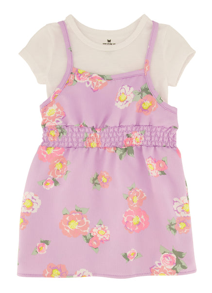 Toddler Knit Smocked Square Neck Short Sleeves Sleeves Sleeveless Spaghetti Strap Floral Print Midi Dress