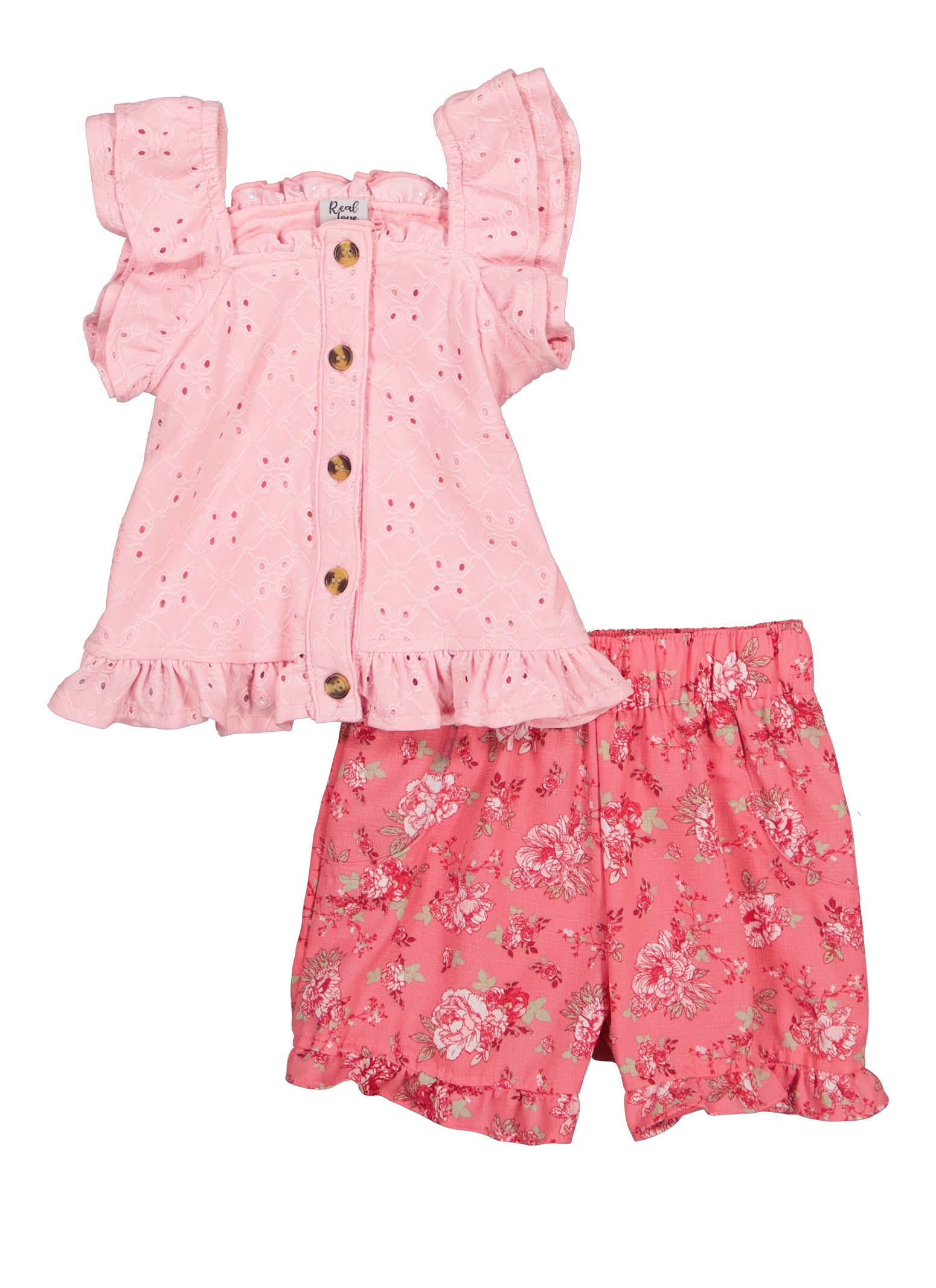 Toddler Girls Sleeveless Button Front Top and Printed Shorts Set, Pink, Size 4T