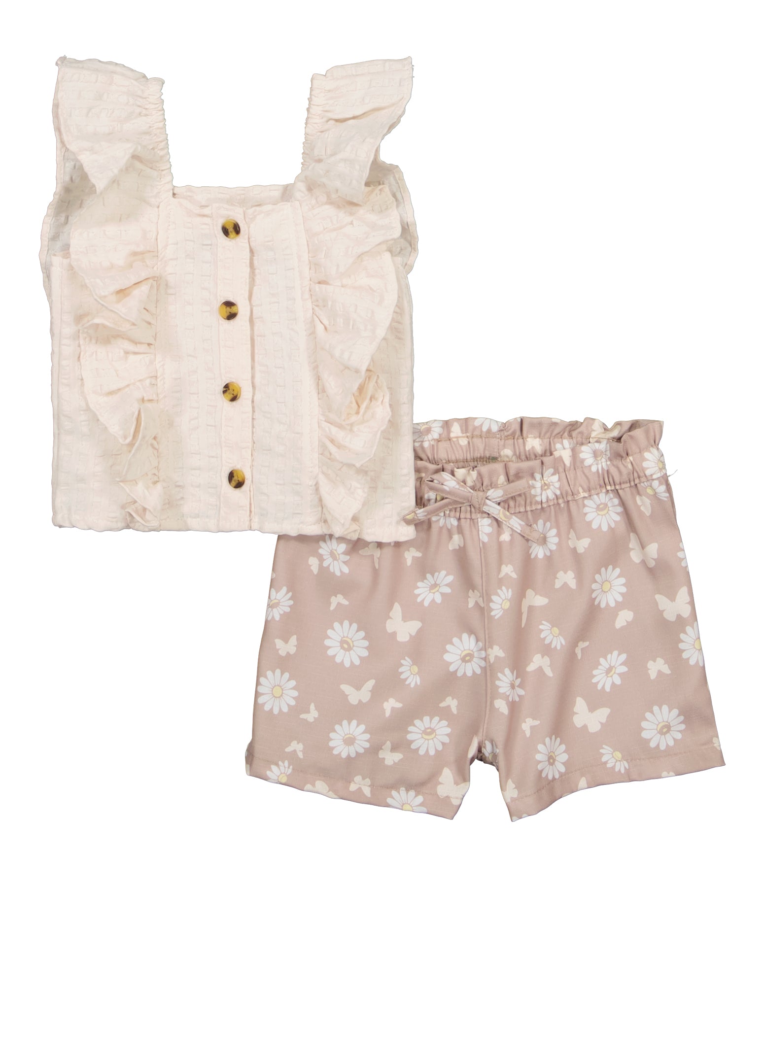 Toddler Girls Linen Button Front Tank Top and Floral Print Shorts, Beige, Size 3T