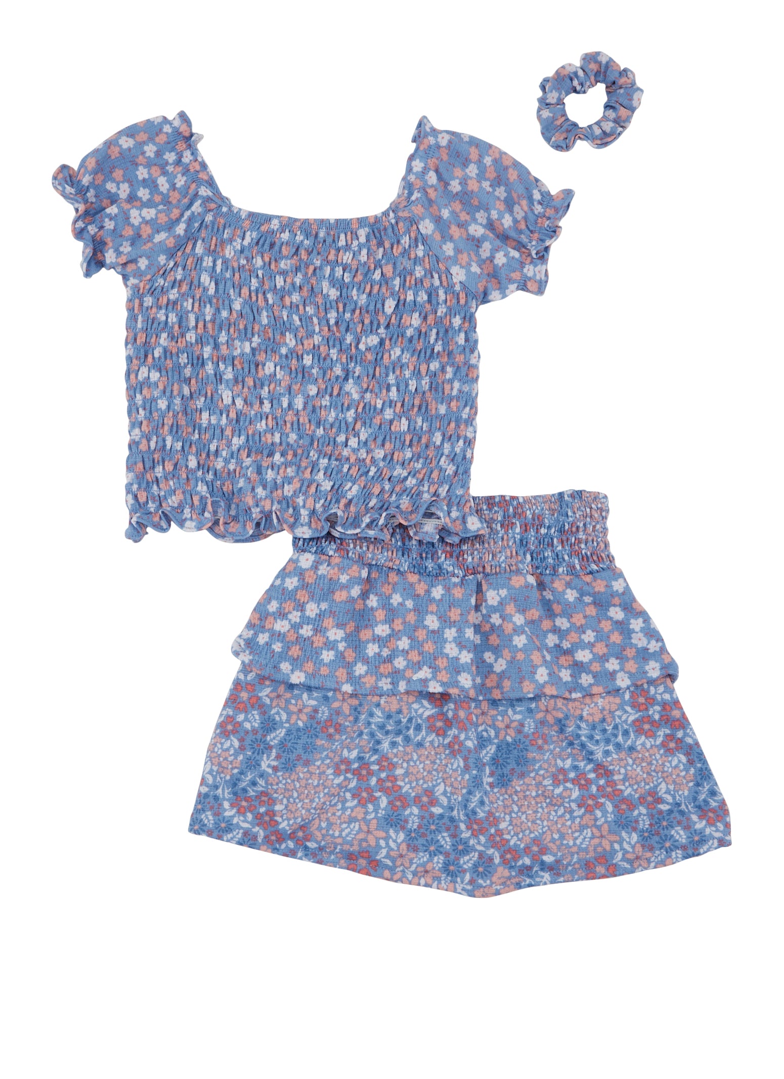Toddler Girls Floral Smocked Top and Tiered Skirt, Blue, Size 2T