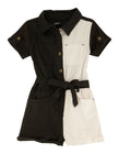 Toddler Twill Tie Waist Waistline Belted Colorblocking Short Sleeves Sleeves Collared Romper