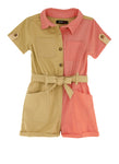 Toddler Twill Belted Colorblocking Tie Waist Waistline Short Sleeves Sleeves Collared Romper