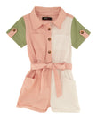 Toddler Twill Collared Short Sleeves Sleeves Tie Waist Waistline Colorblocking Belted Romper