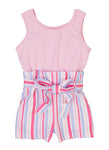 Toddler Ribbed Belted Knit Tie Waist Waistline Striped Print Crew Neck Sleeveless Romper