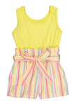 Toddler Sleeveless Tie Waist Waistline Belted Ribbed Crew Neck Striped Print Knit Romper