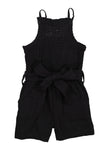 Toddler Sleeveless High-Neck Smocked Knit Belted Tie Waist Waistline Romper