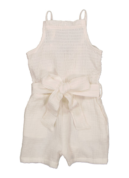 Toddler Belted Sleeveless Knit Tie Waist Waistline High-Neck Smocked Romper