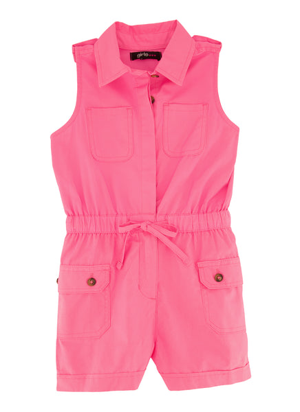 Toddler Collared Pocketed Button Front Sleeveless Poplin Romper