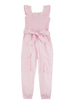 Toddler Smocked Square Neck Poplin Tie Waist Waistline Belted Flutter Sleeves Sleeveless Jumpsuit