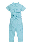 Toddler Short Sleeves Sleeves Collared Tie Waist Waistline Pocketed Belted Poplin Jumpsuit