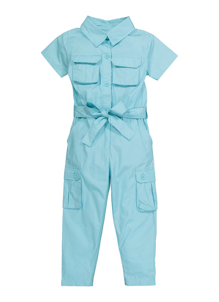 Toddler Tie Waist Waistline Collared Poplin Short Sleeves Sleeves Belted Pocketed Jumpsuit