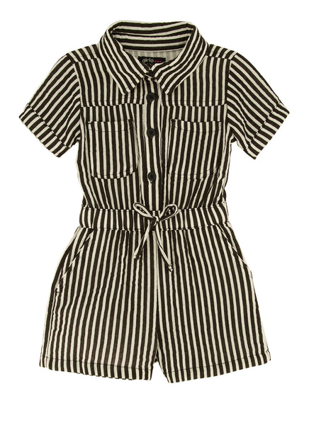 Toddler Knit Collared Striped Print Short Sleeves Sleeves Romper