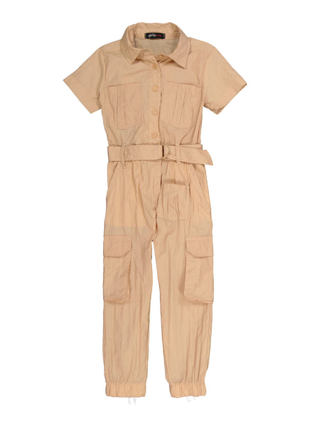 Toddler Nylon Short Sleeves Sleeves Pocketed Belted Collared Jumpsuit
