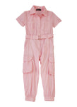 Toddler Collared Belted Pocketed Short Sleeves Sleeves Nylon Jumpsuit
