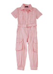 Toddler Short Sleeves Sleeves Collared Pocketed Belted Nylon Jumpsuit