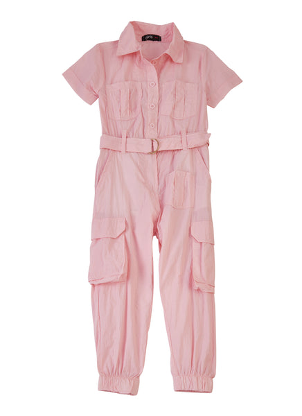 Toddler Pocketed Belted Collared Short Sleeves Sleeves Nylon Jumpsuit