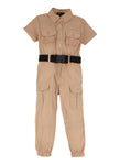 Toddler Nylon Short Sleeves Sleeves Collared Pocketed Belted Jumpsuit