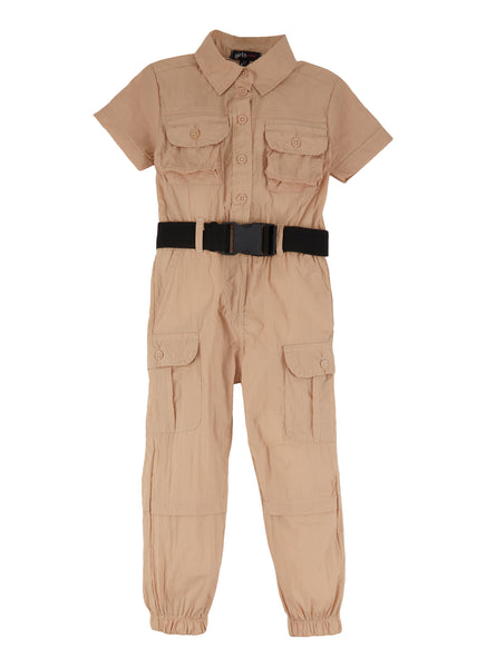 Toddler Collared Nylon Belted Pocketed Short Sleeves Sleeves Jumpsuit