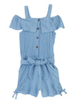 Toddler Tie Waist Waistline Button Front Belted Cold Shoulder Sleeves Sleeveless Knit Romper